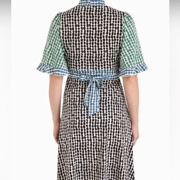 BCBGMAXAZRIA Polka Dot V-Neck Dress. Tie waist. Ruffle sleeve. A-line. Size S. - Picture 2 of 8